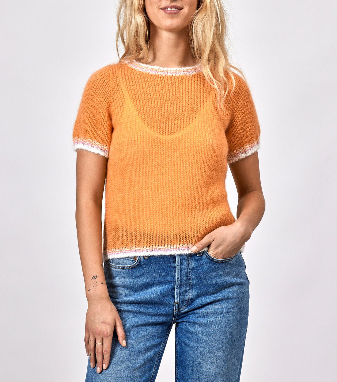 Aya knit orange off white/rose trim